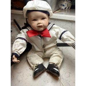 Vintage Style Porcelain Sailor Boy Baby Doll White Navy Red Outfit Hat 16 inch